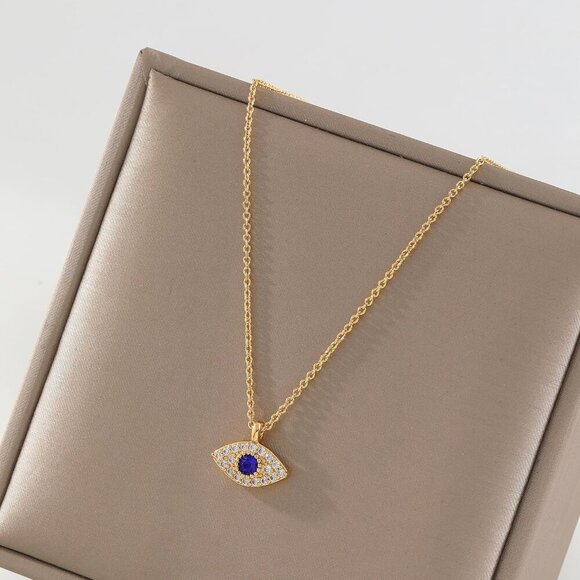 Gold Evil Eye Necklace,14K Gold Plated Dainty Solitaire Minimalist Diamond Evil - Picture 4 of 7